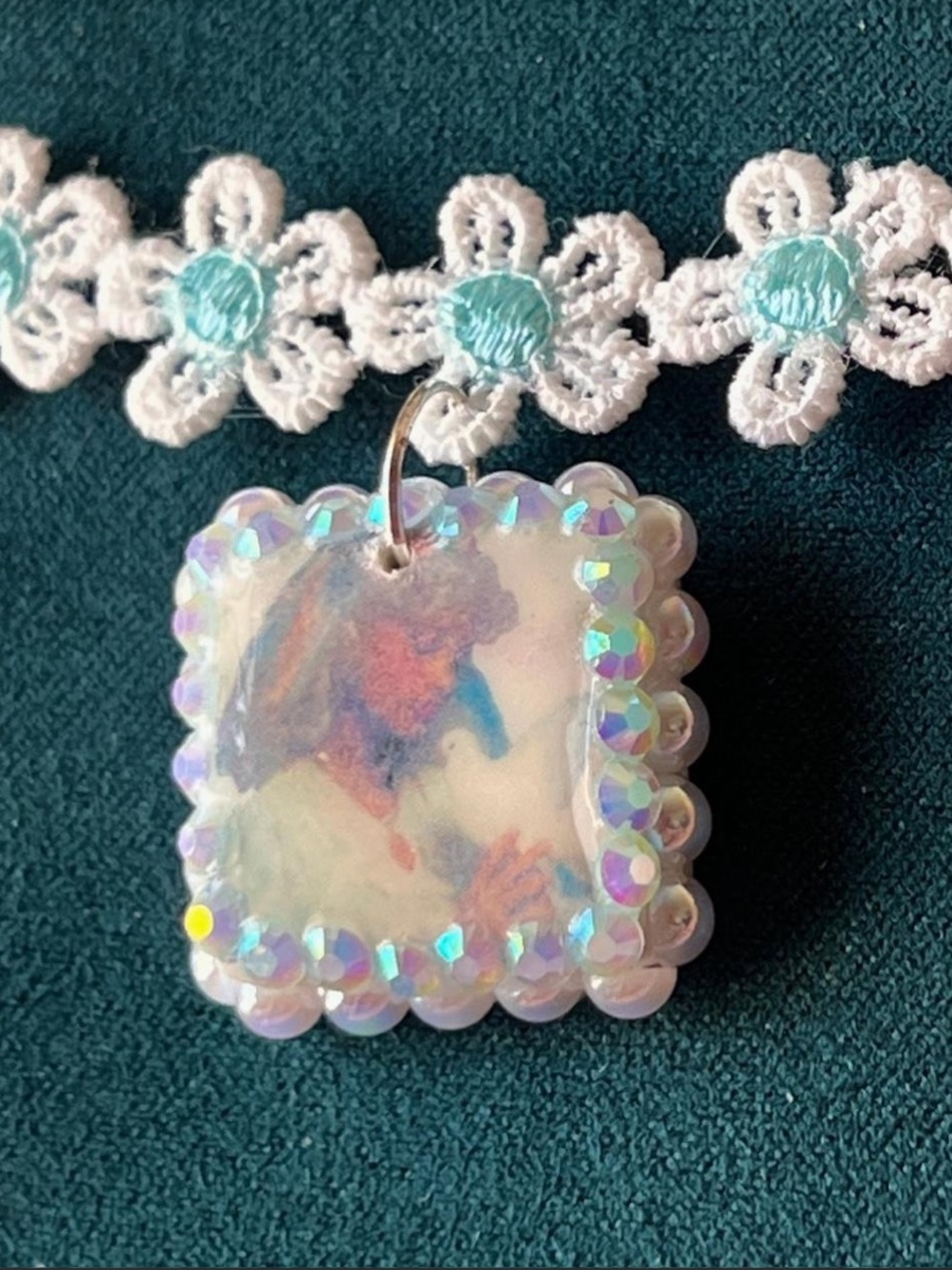 Handmade Iridescent White Square Fairy & Dove Pendant Choker